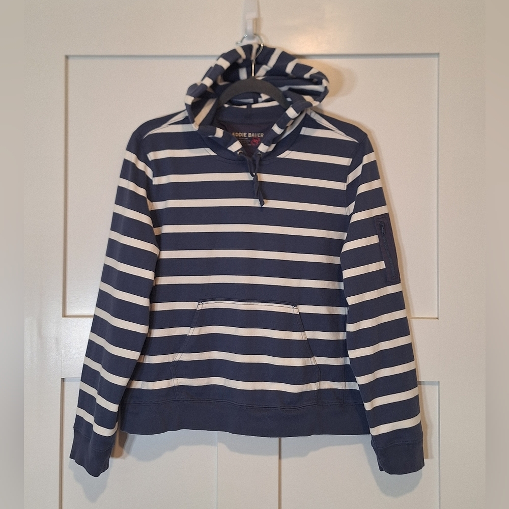 Eddie Bauer Cotton Blue & White Striped Hoodie Cropped Size XL